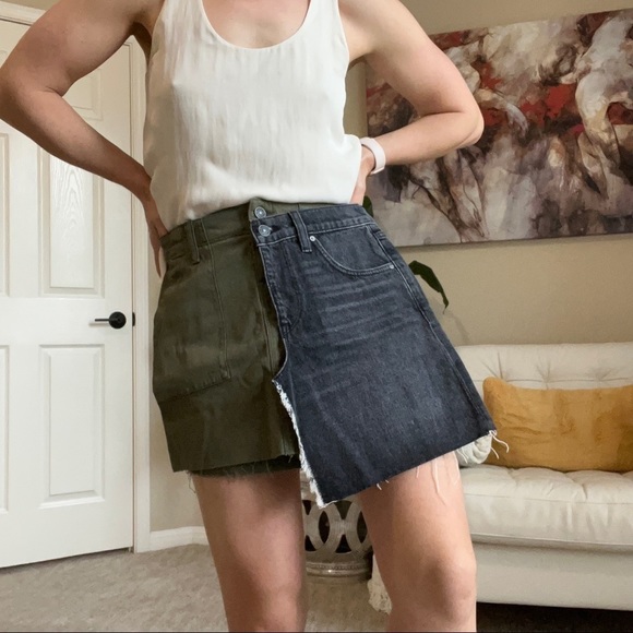 NWT Hudson color block asymmetrical frayed mini skirt khaki and black denim - Picture 16 of 16